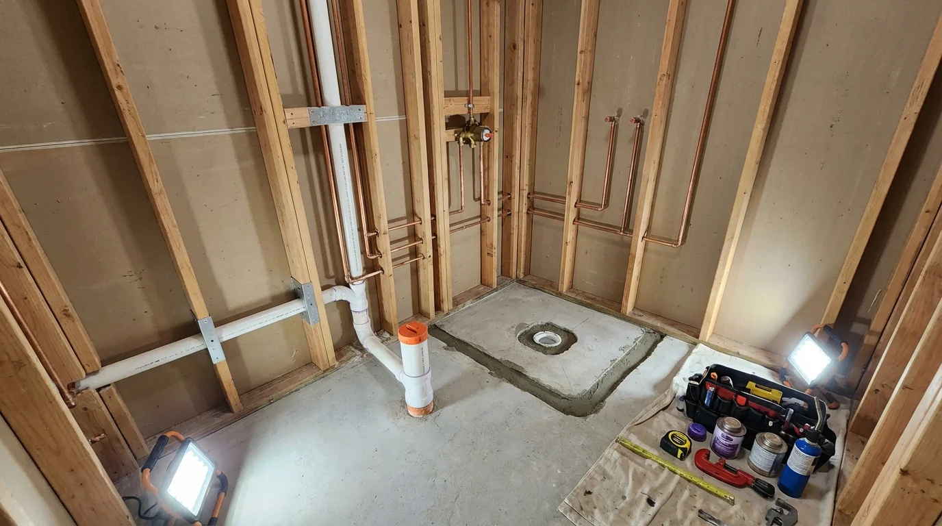 Bathroom rough-in plumbing during remodel by Johns Plumbing LLC in Los Angeles