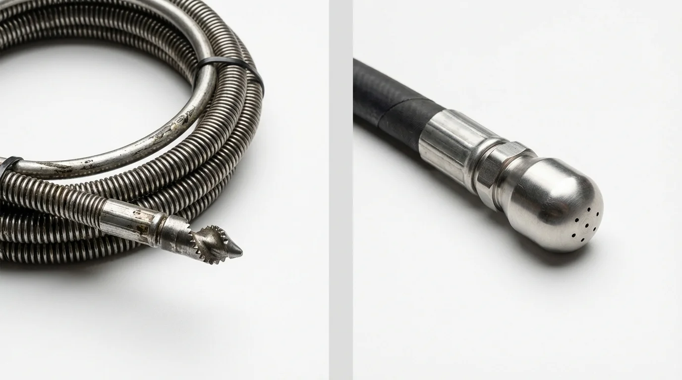 Drain snake cable and hydro jetting nozzle used for drain cleaning in Los Angeles, CA