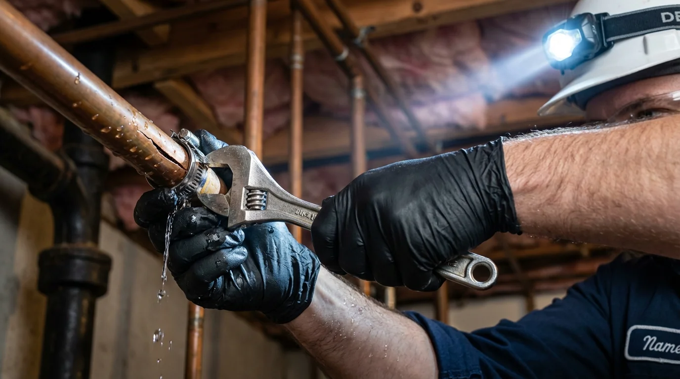 Emergency pipe clamp repair being performed by a Johns Plumbing LLC plumber in Los Angeles