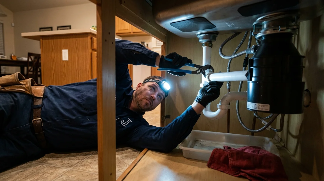 P-trap and supply line connections under a kitchen sink showing a common leak point in Los Angeles, CA